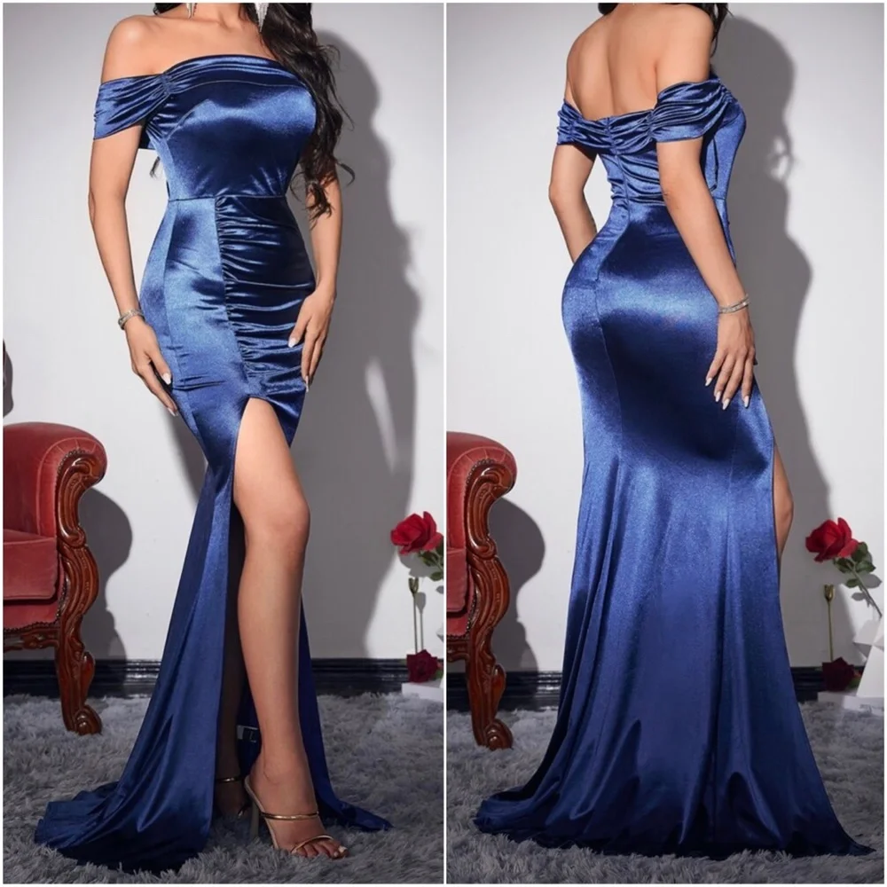 Luxurious Blue Off Shoulder Slit thigh formal party evening wedding prom… - Picture 6 of 9